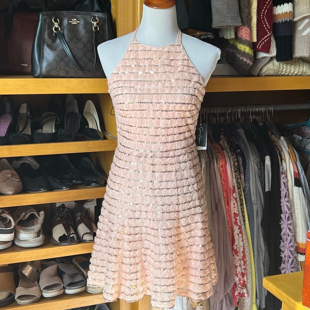 JESSICA SIMPSON Rose Gold Rosette Formal Cocktail Dress